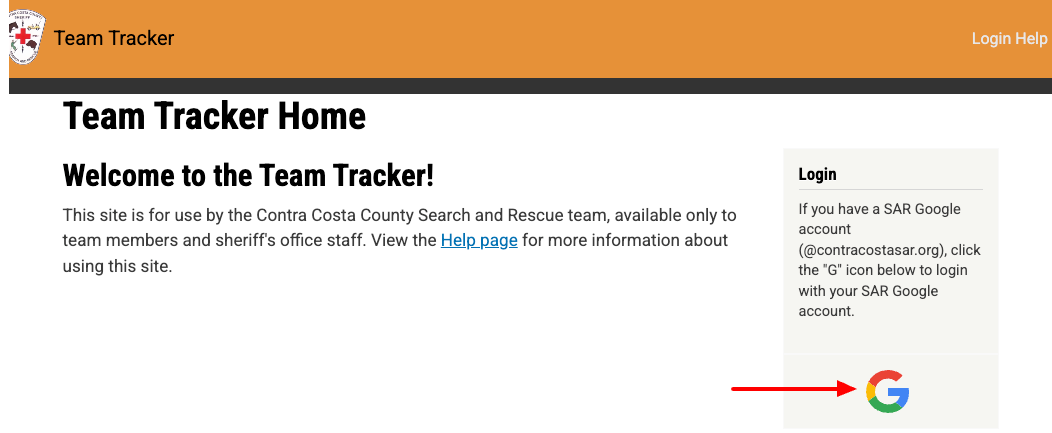Team Tracker homepage highlighting the G icon to login with Google